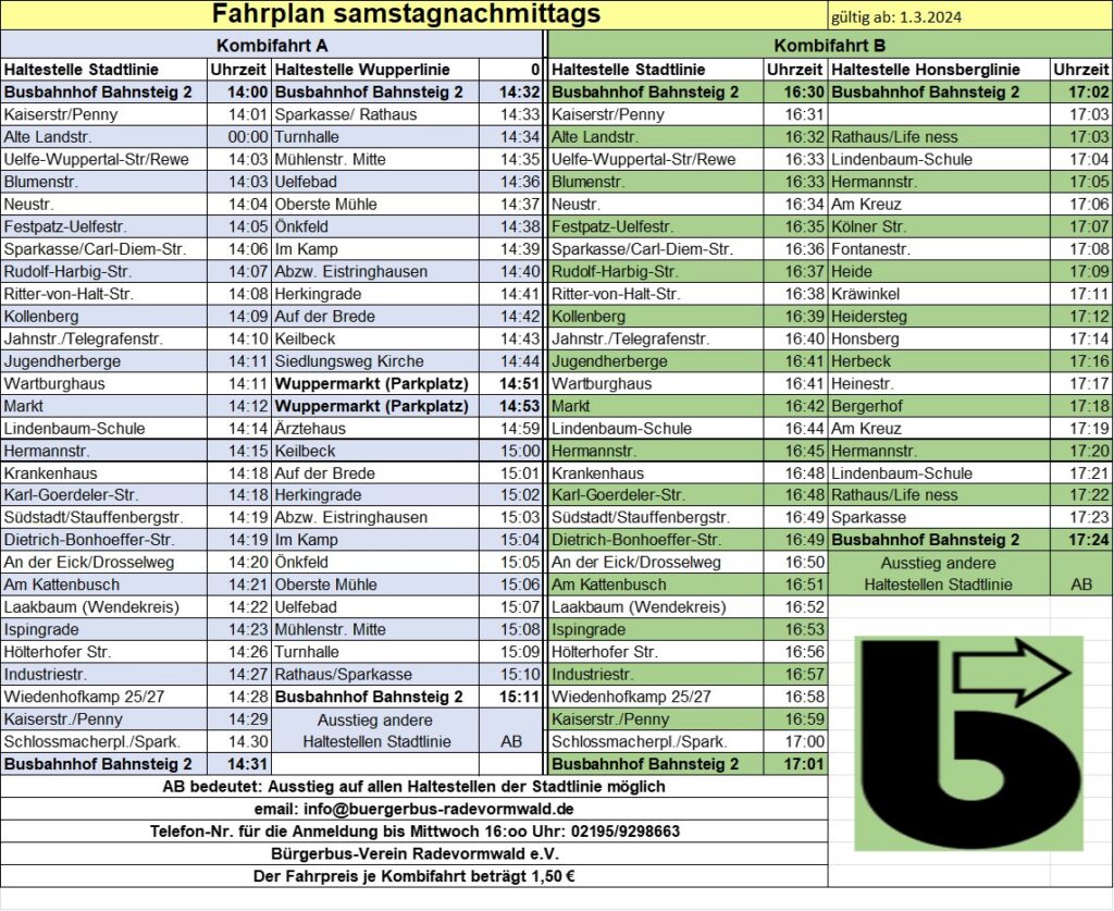 Fahrplan samstagsnachmittags
